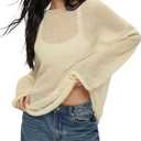 Cioatin Women Oversized Long Sleeve Sheer Mesh Knit Sweater Tops Y2K Summer Loose Hollow Out Pullover Jumper Shirt Beach Apricot, Small (S)