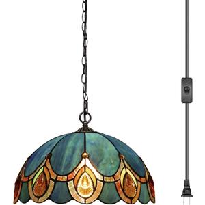 Tiffany Pendant Light Plug in Stained Glass Hanging lamp 12X12X181 Inch Hanging Lamp Living Room Bedroom Kitchen Dining Room OfficePeacock Crystal Style