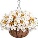 Artificial Fall Flowers Fake Hanging Plants Flowers Basket for Outdoors Autumn Decoration, Silk Morning Glory with Eucalyptus Look Real UV Resistant Faux Flowers for Outside Porch Patio Balcony, White