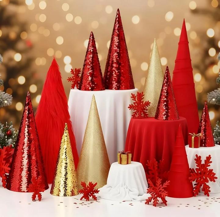 24 Pcs Large Cone Christmas Trees with Snowflakes Set, 14'' 11'' 8'' Christmas Tree Tabletop Decor & Wooden 3D Snowflake Table Centerpiece for Gifts Winter Home Decorations(Red)