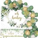 Soonlyn All-In-1 Sage Green Baby Shower Decorations 10ft 12In Balloon Arch Kit with Oh Baby Backdrop Tablecloth for Gender Neutral Baby Shower Decorations