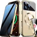 [Full Camera Protection& Mechanical Lock]Magnetic Privacy Case for iPhone 16 Pro Max[Compatible with MagSafe] [CD Metal Ring]Full Body Shockproof Metal Bumper, 9H Anti Peeping Glass Cover-Gold