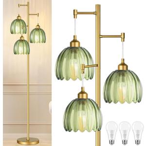 Gold Floor Lamp for Living Room,Bedroom,Mid Century Modern Standing Lamp Brass Tree 3 Light Tall Floor Lamps Vintage Retro Floor Lights Glass Green Flower Lamp Shade Farmhouse Boho Bohemian (Floor Lamp-15)