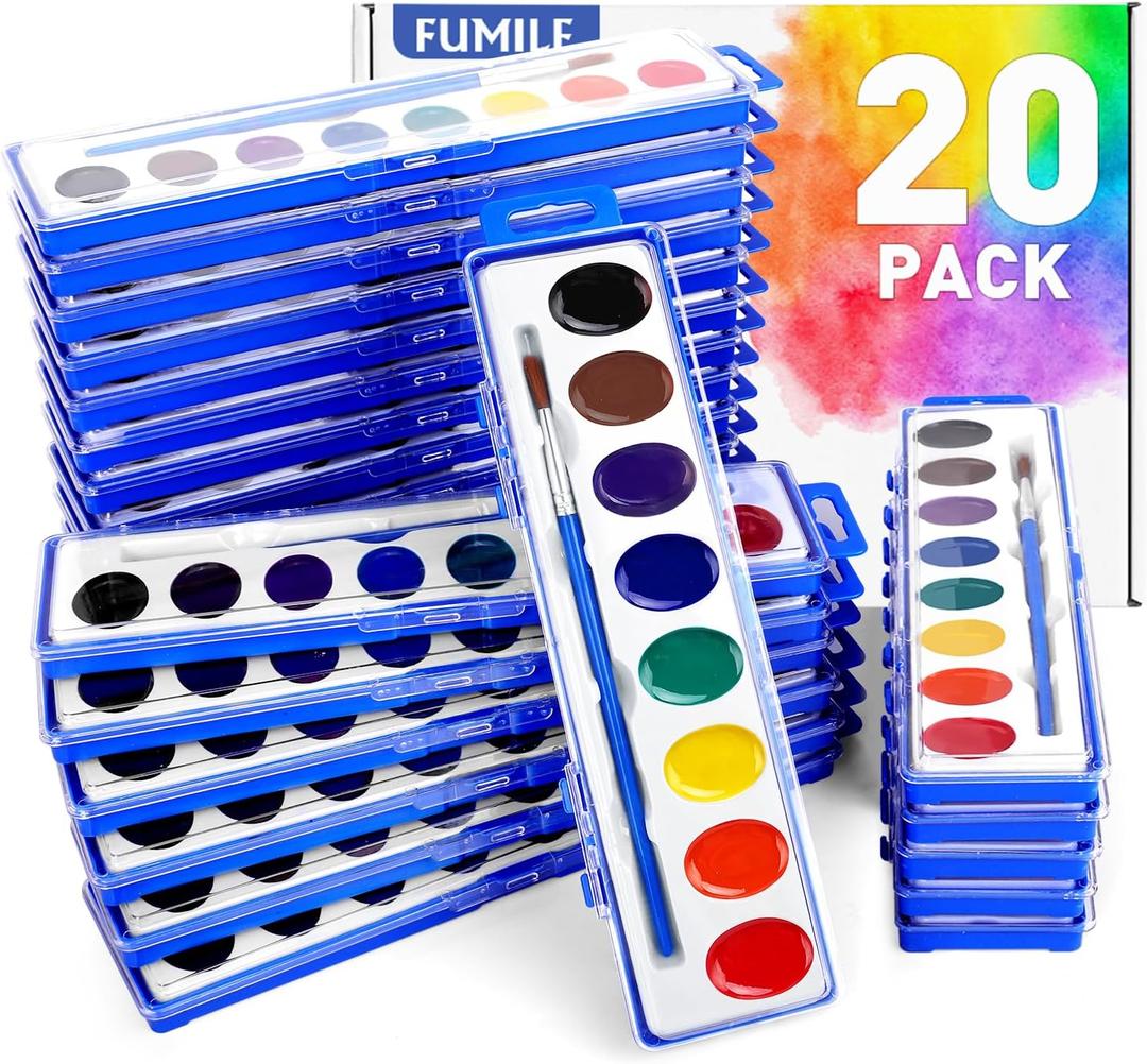 FUMILE Watercolors Paint Set Bulk,20 Pack 8 Washable Bright Colors with Paintbrush.Watercolors Paint Set Kids for Parties,Art Lessons,Birthday Party Favor,Valentines for Kids Classroom,All Ages