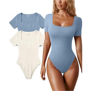 OQQ Women's 2 Piece Bodysuits Sexy Ribbed One Piece Square Neck Short Sleeve Bodysuits (Blue Beige)