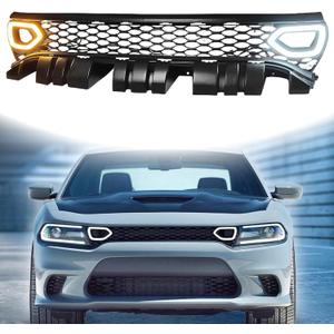 Front Bumper Grille Compatible with 2015-2023 Dodge Charger SRT/Scat Pack Upper Grille w/Led Lights 2019 SRT Style ABS Black
