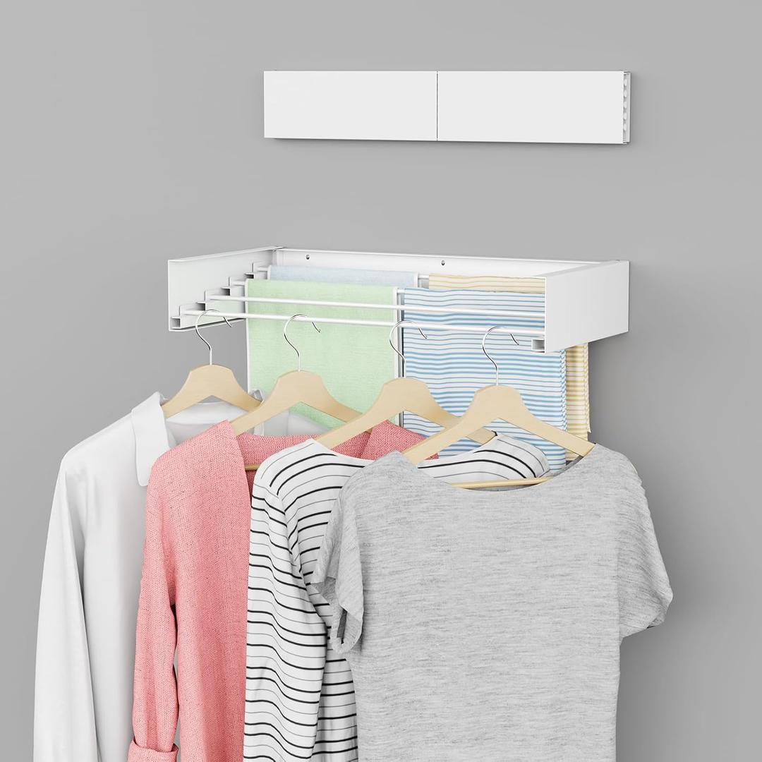 Laundry Drying Rack - Collapsible Wall Mounted Rack, 23.6" Wide, 11.2 Linear Ft, 4 Aluminum Rods, 60 lb Capacity (White)