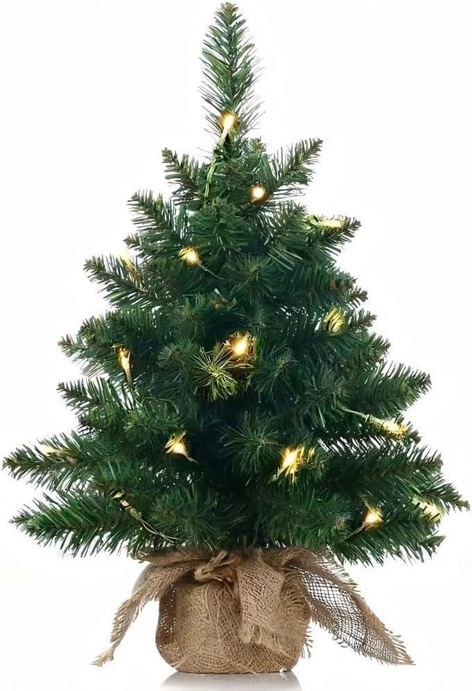 Mini Christmas Tree with Lights,Holiday Artificial Flocked Mini Christmas Tree Decoration,Includes 50 Led Warm Yellow Lights and Cloth Bag,Indoor Home Evergreen Tabletop Decor 2ft/24inch