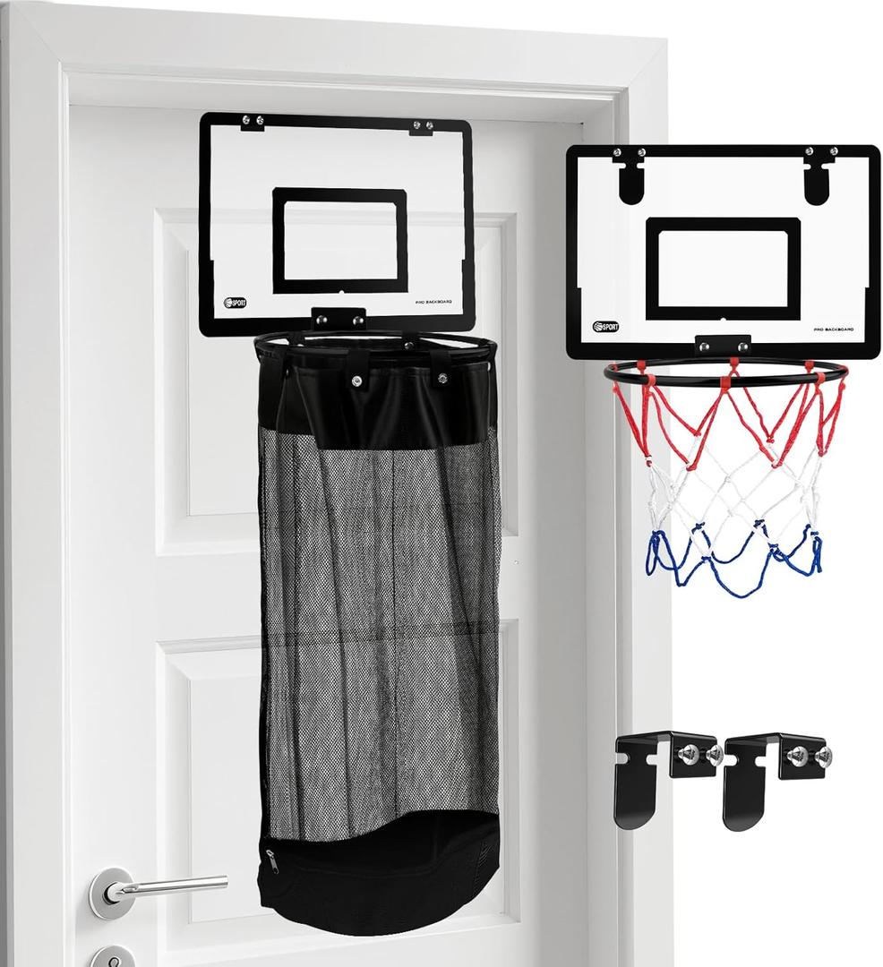 2-in-1 Over the Door Basketball Laundry Hamper and Basketball Hoop, Durable Hanging Sports Laundry/Clothes Basket with Hoop and a Bottom Zipper for Kids Teen Bedrooms, Dorm Rooms, Bathroom