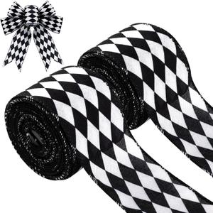 2 Rolls Christmas Checkered Ribbon Black and White Check Ribbon Diamond Check Wired Edge Ribbon Diamond Pattern Decorative Ribbons for Christmas Fall Tree Wrapping DIY Crafts (2.6 Inch)
