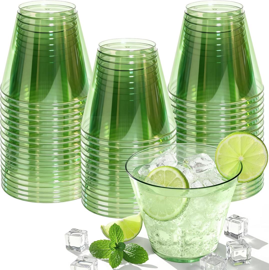 Glowserve 9 oz Clear Plastic Cups Green Plastic Disposable Cups for Cocktail 50 Pack Fancy Cocktail Cup for Party Stemless Wine Glasses for New Year Wedding Thanksgiving Party Graduation