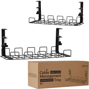 Under Desk Cable Management Trays 2 Pack, 16" Clamp Mounted Cord Organizer Holder Wire Organization No Drill Holes Needed for Computer Home Office Standing Tables to Conceal Power Strips