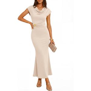 ZESICA Women's Summer Cowl Neck Bodycon Dress 2026 Cap Sleeve Ruched Elegant Wedding Guest Cocktail Long Midi Dresses (XS)