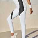 Fisoew Womens High Waisted Leggings Color Block Yoga Pants Workout Running Stretchy No See Through Leggings White (XL)