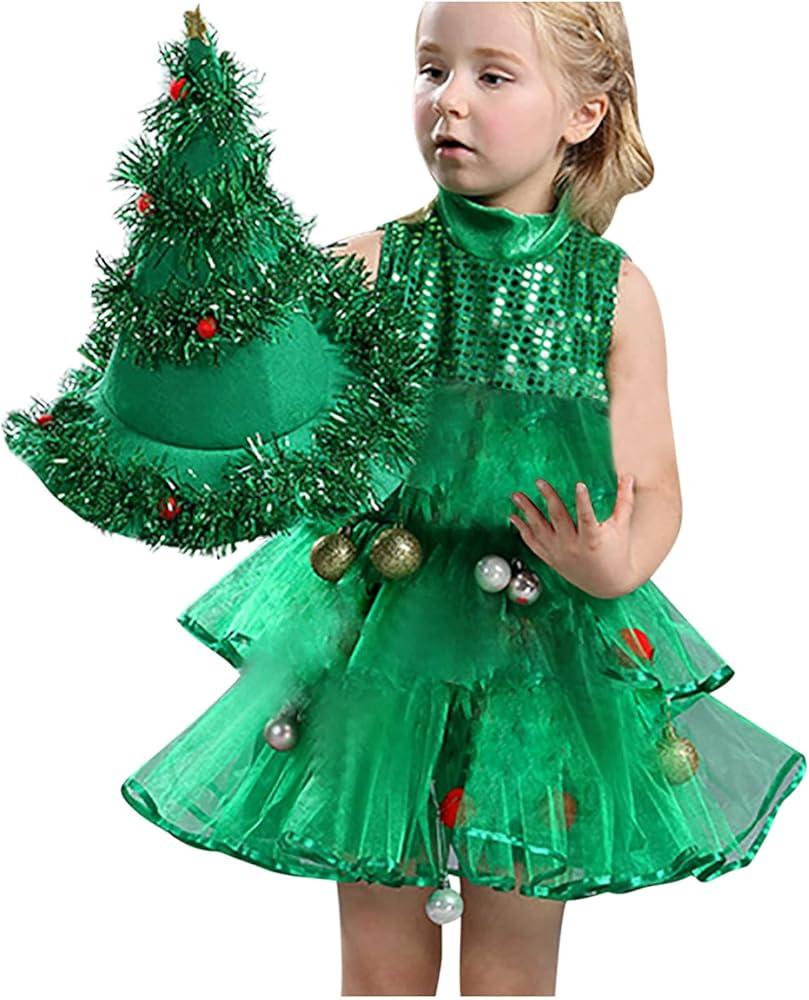 Christmas Tree Costume for Baby Girls Kids with Hat Birthday Holiday Party Dress Clothes Gifts Dress-Up Outfit, Waist 24 In, Length 18 In