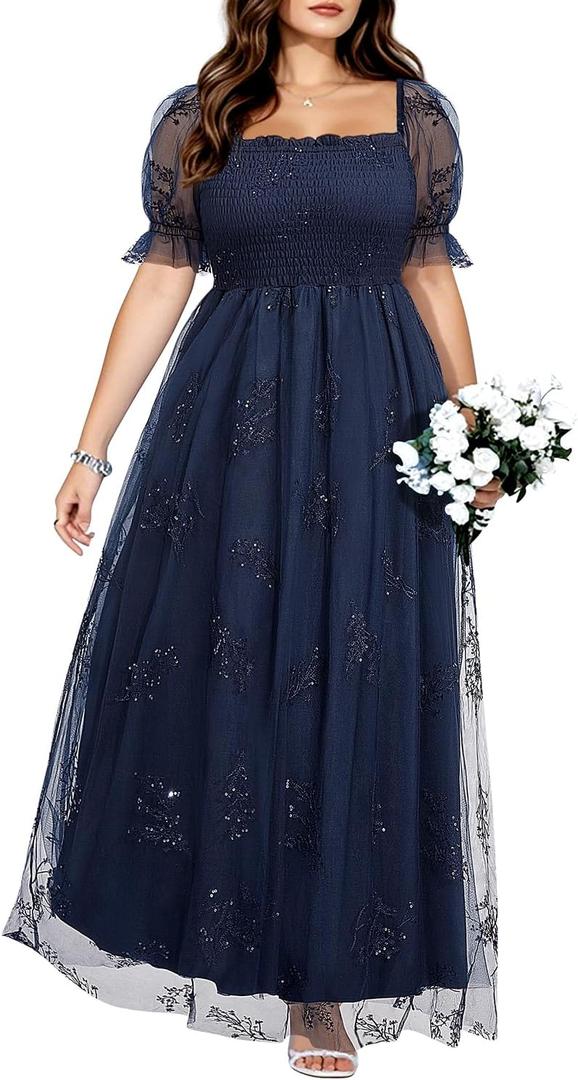 Plus Size Formal Dresses - Bridesmaid Leaf Embroidery with Sequin Tulle Prom Long Dress (Navy Blue)