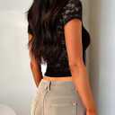 Womens Lace Tops Going Out Summer Short Sleeve V Neck Mesh Sheer Crop Shirts Cute Y2K Trendy Outfits 2026 (Black, L)