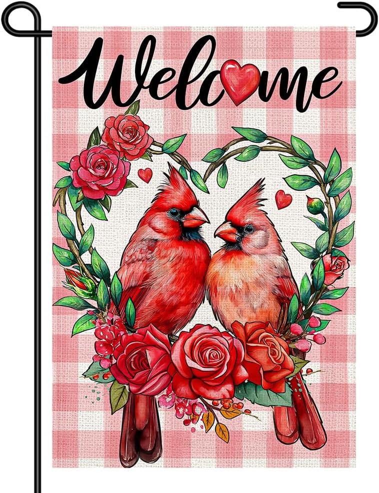 Valentines Day Love Birds Garden Flag 12x18 Inch Double Sided Small Flags, Vintage Red Cardinal Welcome Roses Yard Sign for Front Porch, Lawn, Yard, Outdoor Decor DF956