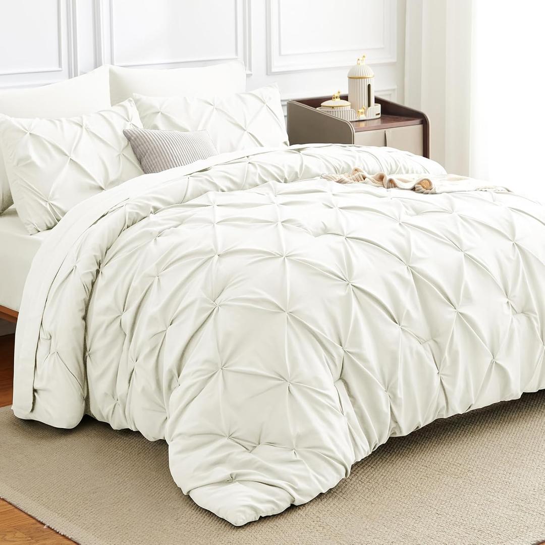 Full Comforter Set Ivory, 7 Pieces Pintuck Bed in A Bag Full Size Bedding, Soft Bed Set All Season Pinch Pleat Comforter Set with Sheets, Pillowcases & Shams