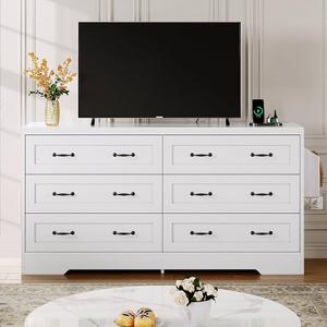 DWVO Farmhouse 6 Drawer Dresser for Bedroom, 31.5 Inch Tall Modern Dresser TV Stand with Large Drawers & Bar Handles, Storage Dressers with Power Outlets, Rustic Wood Chest of Drawers, White