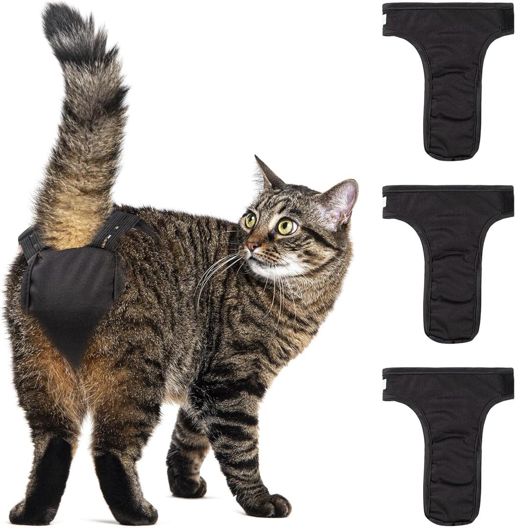wegreeco Cat Diapers for Female and Male Cats(Only for Pee), Reusable Pet Kitten Diapers for Cats Spraying, Kitty Cat Incontinence Diapers Black,  L