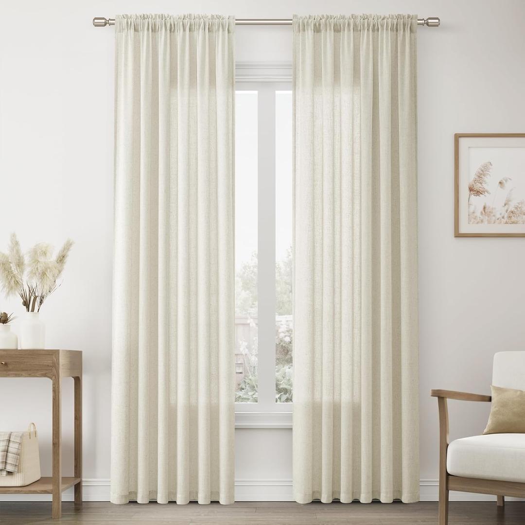 Beige Linen Curtains Long for Living Room 2 Panel Set Rod Pocket Light Filtering Privacy Neutral Semi Sheer Flax Linen Curtains Rustic Farmhouse Boho Decor Cotton Textured Gauze Drapes, 39x84 in 