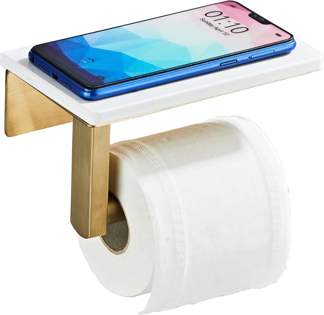 Brushed Gold Toilet Paper Holder with Shelf, 304 Stainless Steel Screw Wall Mounted, Marble Tissue Roll Holder with Storage