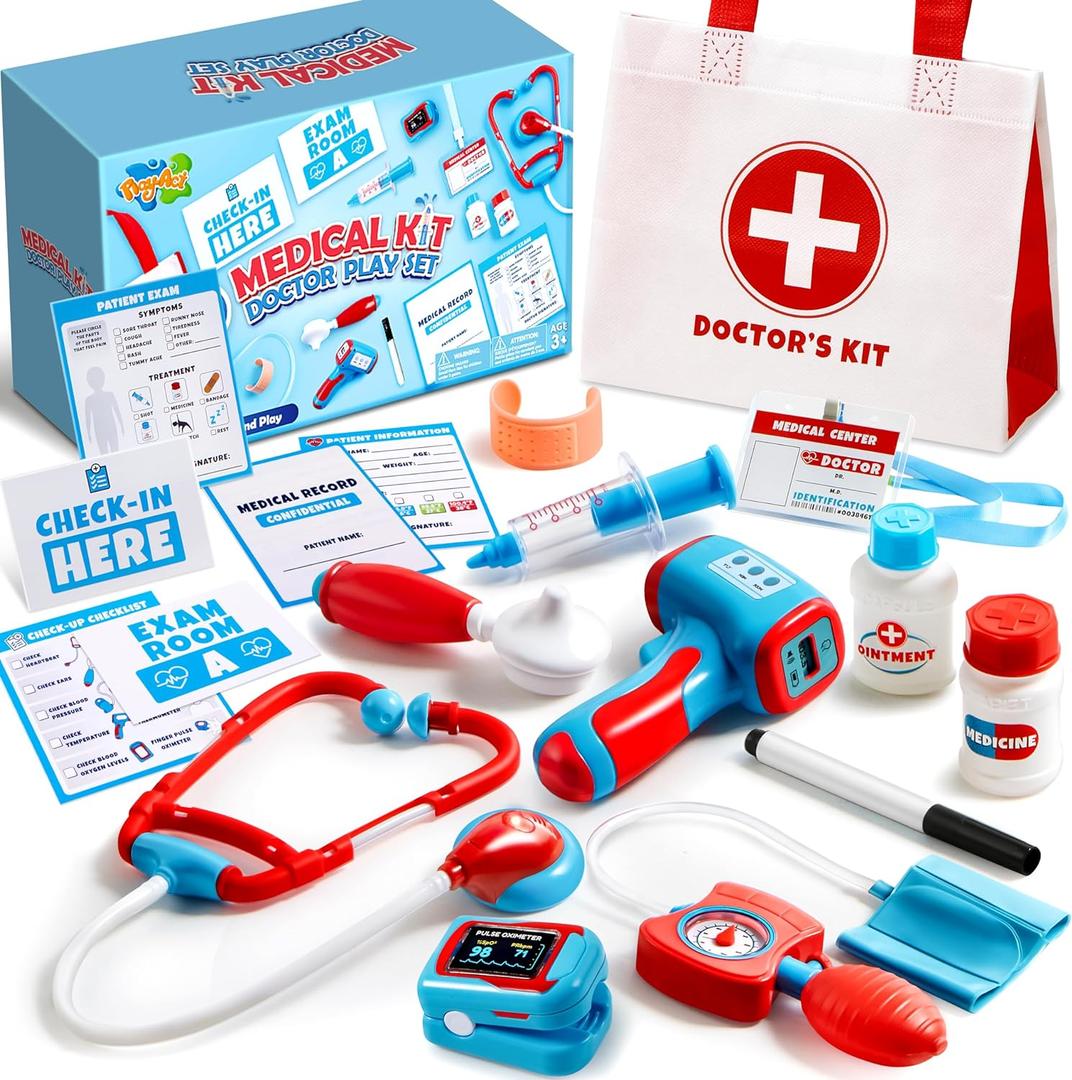 Play-Act Kids Doctor Kit, 16-Piece Medical Kit with Bag, Doctor Role Play Set with Realistic Toy Stethoscope, Reusable Record Cards, Dress Up Playset Easter Birthday Gift for Toddlers Ages 3+