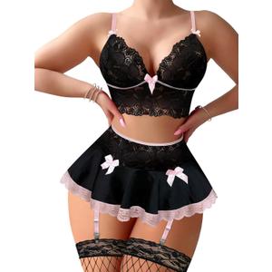Foxiny Plus Size Curvy Sexy Stocking Mini Skirt Wireless Mesh Lace Garter Lingerie with Thong Set 4 Pieces Women Sheer Floral See Through Bra Panty Outfits Choker Bows, Black Pink, Size: 4X-Large