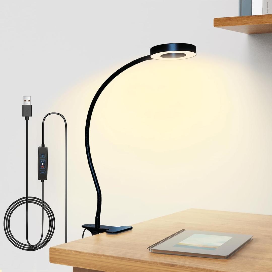 Clip on Desk Lamp with Clamp for Reading Home Office, 360 Ajustable Clip Light for Bed Headboard, Bedside or Desk with 10 Dimmable Brightness 3 Eye-Care Color Modes