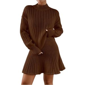 MakeMeChic Women's Sweater Skirt Sets 2 Piece Outfits Ribbed Knit Mock Neck Sweater Pullovers A Line Mini Skirt Set Coffee Brown Large
