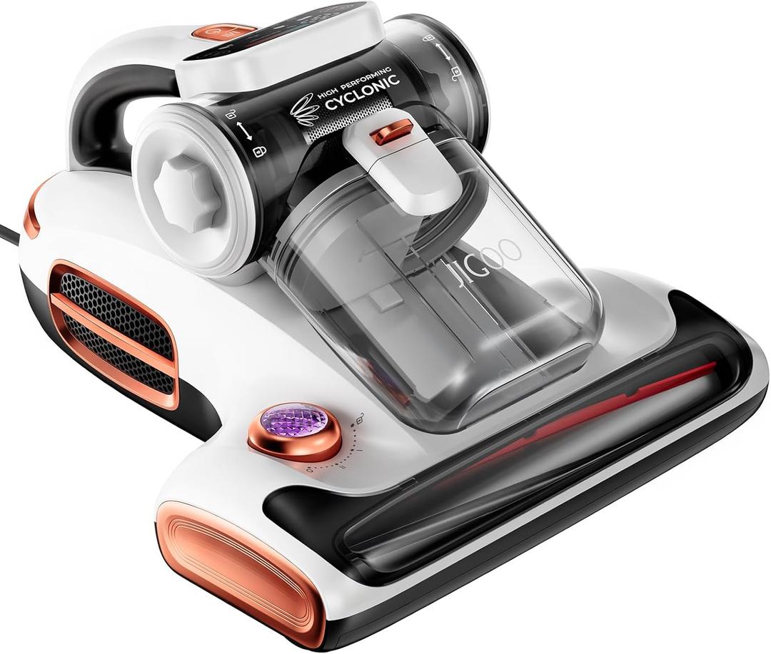 JIGOO T600 Mattress Vacuum Cleaner with UV-C Light, 15Kpa Suction 700W Powerful Double-Cup Handheld Vacuums, Bed Cleaner with Smart Dust Sensor, Ultrasonic, Heating Tech, MIF Filter (Pearl White)