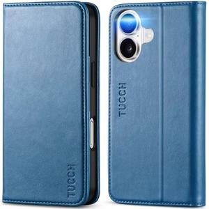 TUCCH Case Wallet for iPhone 16, Kickstand PU Leather Folio Cover with RFID Blocking 3 Card Slots, Stand Book Design [Shockproof TPU Interior Case] Compatible with iPhone 16, Light Blue