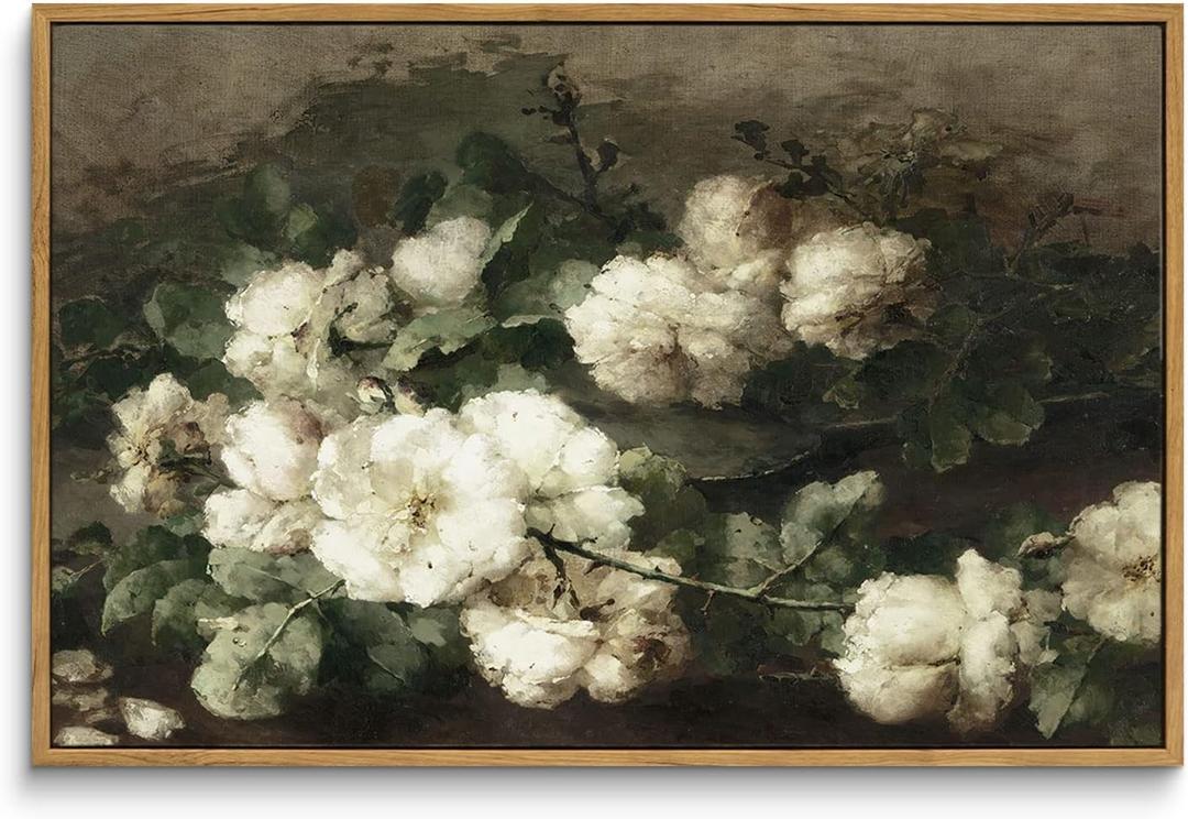 InSimSea Framed Canvas Wall Art Vintage Decor, Room Decor White Roses Still Life Paintings Canvas Print, Mid Century Modern Decor for Living Room, Bathroom Farmhouse Kitchen, 16"x24" (Flower)