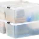 IRIS USA 91 Qt Stackable Plastic Storage Bins with Lids, 4 Pack - BPA-Free, See-Through Organizing Solution, Latches, Durable Nestable Containers, Secure Pull Handle, Made in USA - Clear