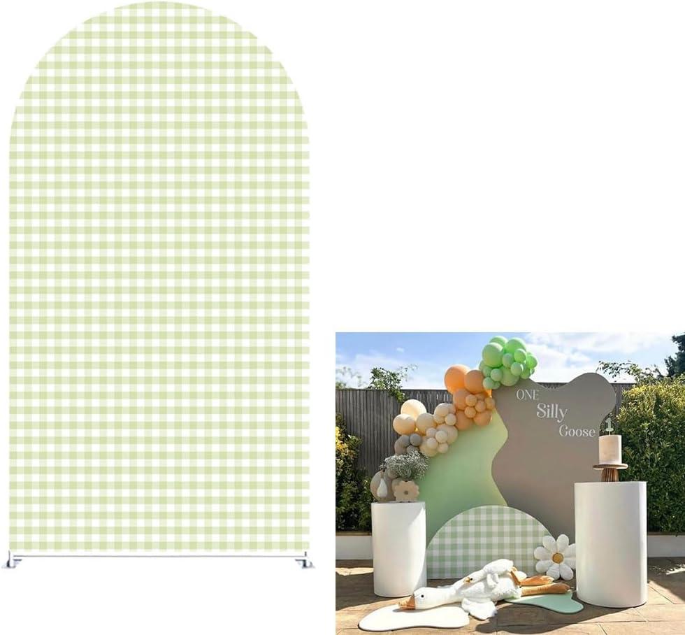 Ittsmnt Plaids Arch Backdrop Cover for Silly Goose Baby Shower Arch Frame Stretchy Cover Gingham Kids 1st Birthday Party Fiesta Decorations (6.6x3.3ft Cover,Green)