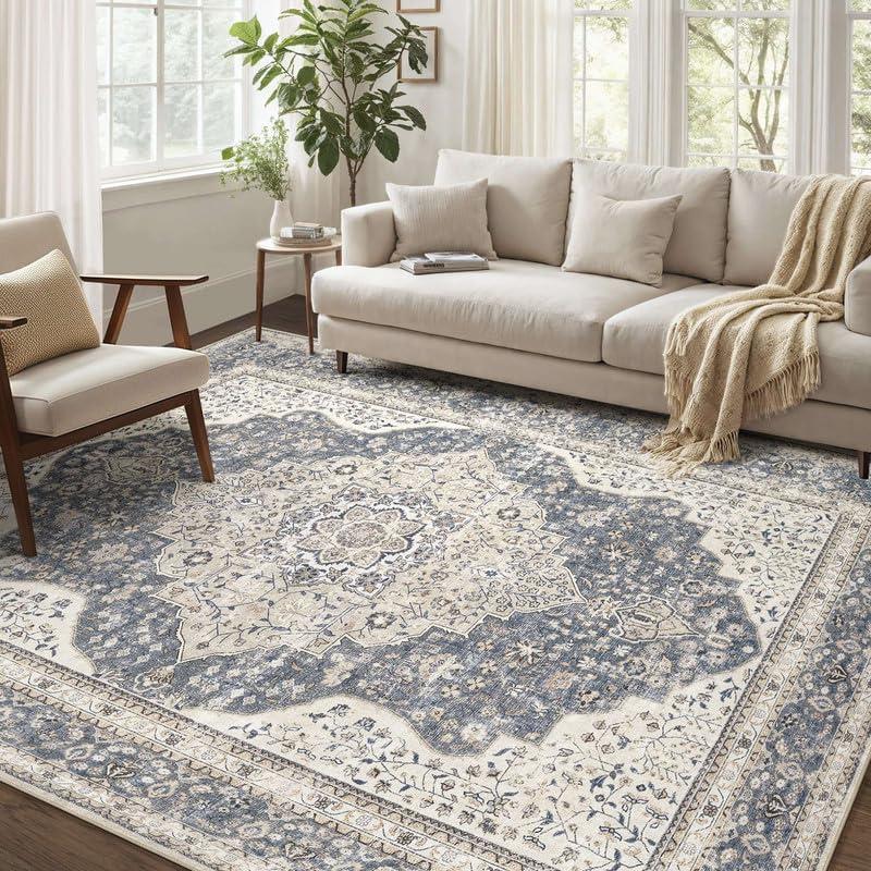 Washable Rug 9x12 Area Rugs for Living Room Bedroom Dining Room Home Office Floor Decor -Stain & Fade Resistant Non Slip Backing Carpet,Ultra-Thin Vintage Large Carpets (Blue/Beige,9'x12')
