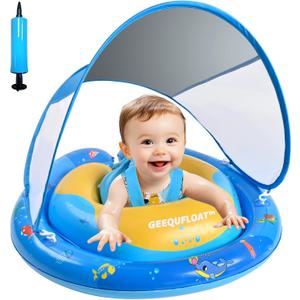 Baby Swimming Float,Anti-Rollover Design Toddler Pool Float,Extra Wide Baby Floaties 6-12 Months,Infant Pool Float and Removable UPF50+ Sun Protection Canopy,Adjustable Safety Seat,Toddler Floaties (Dark Blue)