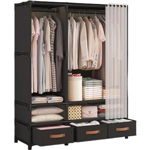 Portable Closet,Wardrobe,Heavy Duty Clothes Rack with Cover,Japanese Style Garment rack Clothing rack with 3 Drawers,1 Hanging Rods and 2 Storage Shelves,43.3" L x 17.7" W x 65.1" H,Black