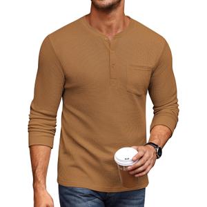 COOFANDY Men's Henley Shirts Long Sleeve Basic Waffle Pique Pullover T-Shirt with Pocket (Medium, Brown)