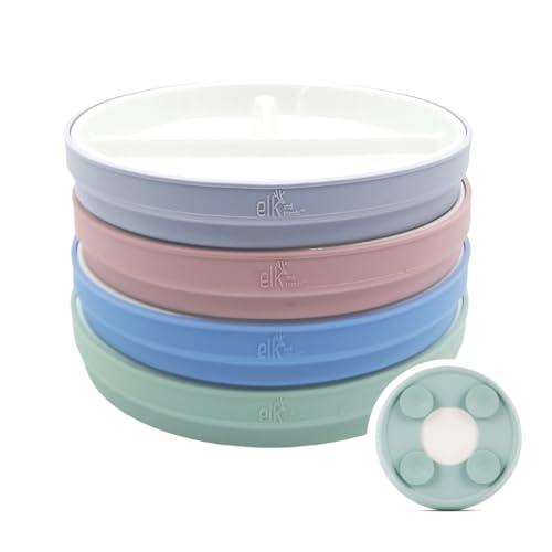 Elk and Friends Kids 7.8” Porcelain White Divided Plates with Silicone Suction Sleeves | Suitable for Babies/Toddlers | Microwave & Dishwasher Safe | Stay Put Dinnerware | Snack Dishes | 4 Pack
