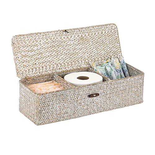Sumnacon Extended Seagrass Storage Basket with Lid 3-Section Wicker Storage Basket,Small Woven Shelf Basket for Toiletries Tampon Storage,Seagrass Basket for Shelf Bathroom Toilet Counter,Whitewash