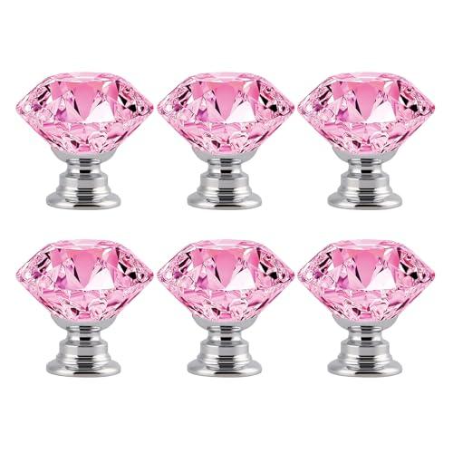 YEMCHI 4 Pack Pink Crystal Cabinet Knobs 1.2" Diamond Glass, Girl Vanity Desk Handles, Cute Bathroom Cabinet Pulls for Dresser Drawer, Decorative Knobs with 2 Size Screws (Clear Pink)