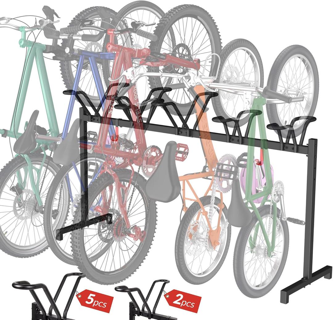 Sttoraboks 5 Bikes Floor Stand, Adjustable Bicycle Parking Rack with Hook for Garage, Indoor, Outdoor, Free Combination Bike Storage Cycle Rack for Mountain, Road and Kids Bikes, Max Tire Width 2.5