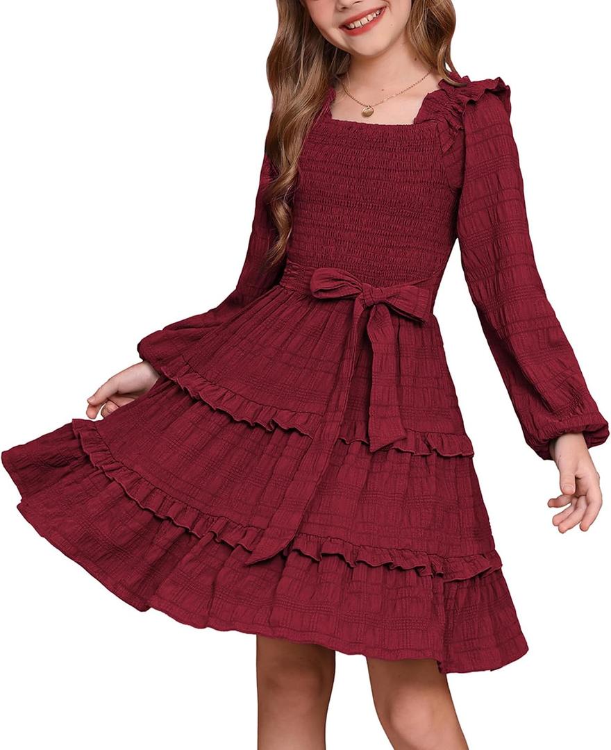 GRACE KARIN Girls Fall Long Sleeves Casual Red Party Festive Dress Size 8, Red