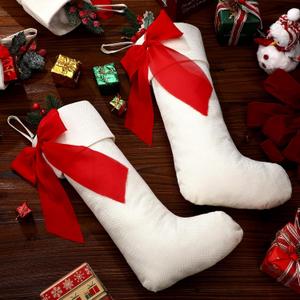 Seematn 4 Pcs Large Christmas Stockings with Red Bows 18 in White Christmas Stockings with Bow Hanging Ornaments Xmas Stocking Fireplace Hanging Ornaments Sock for Family Xmas Tree Home Decorations