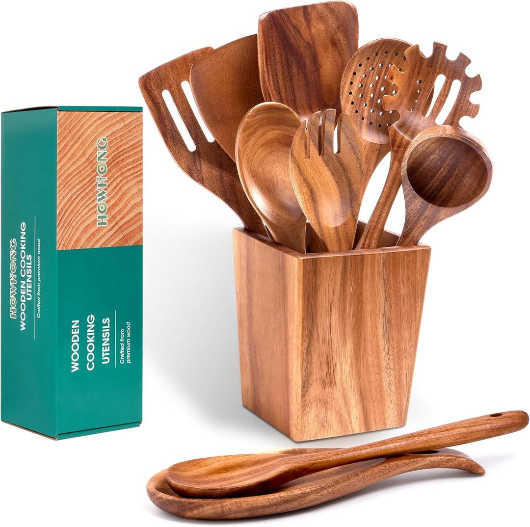 HOWHONG Wooden Spoons for Cooking, Premium Acacia Wood Kitchen Utensil Set, Handmade Wooden Utensils for Nonstick Cookware, Heat Resistant, Smooth Finish, Comfortable Grip, with Holder, Gift Ready