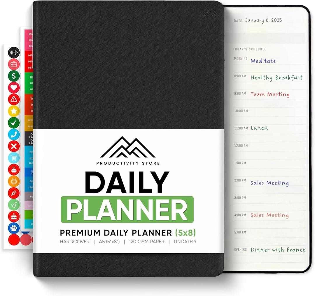 Daily Planner 2026 (5" x 8") - The Ultimate Daily Workflow Planner with Hourly Schedule & Task List to Achieve Your Goals by PRODUCTIVITY STORE (A5, Black)