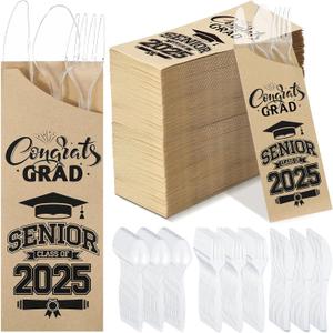 400 Pcs 2025 Graduation Silverware Bags Dinnerware Set - Includes Paper Silverware holder Disposable Plastic Spoons Knives and Forks, Class of 2025 Parties School Congrats Supplies(Brown)