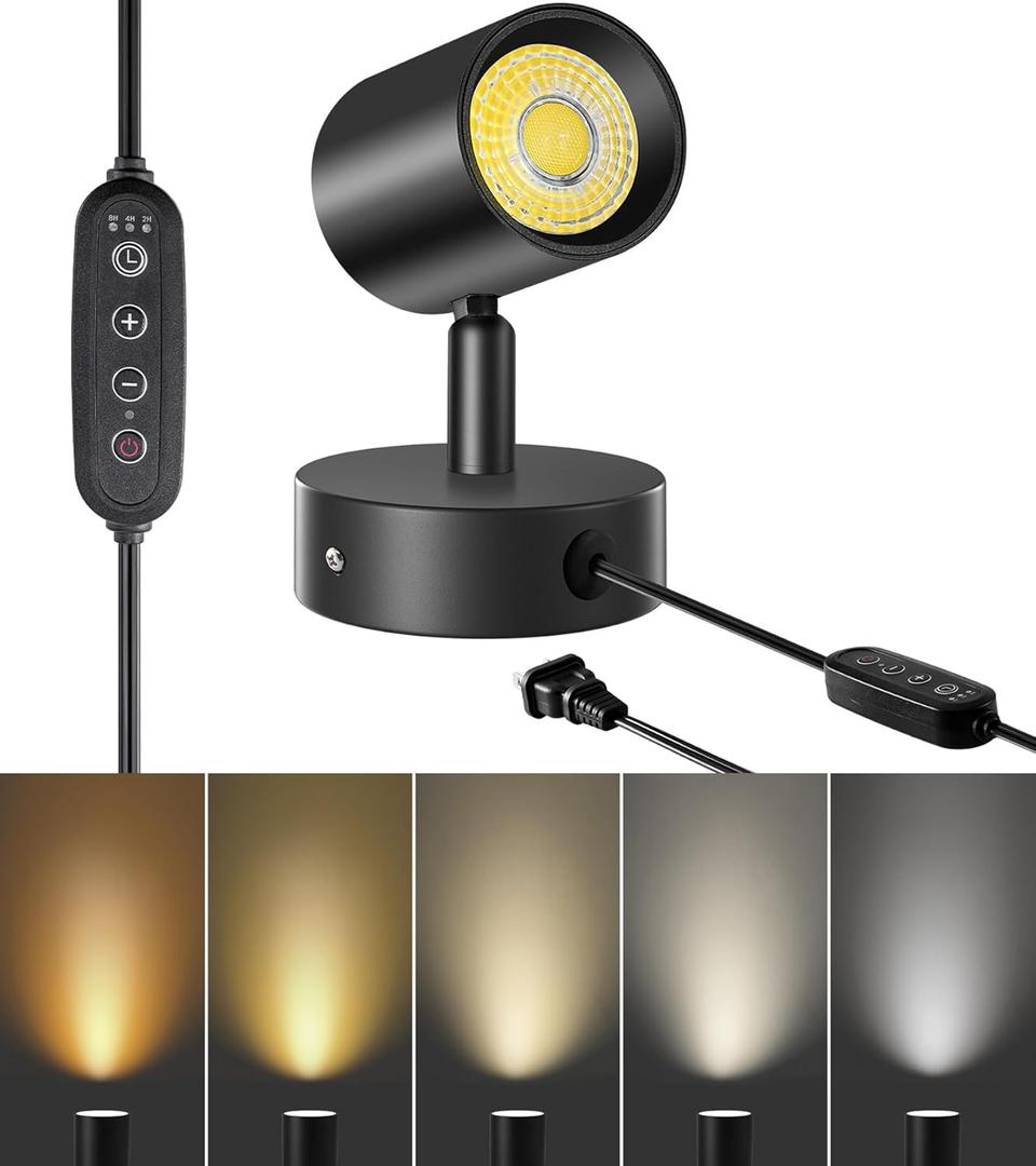 VANoopee 5 Color 10W LED Spot Lights Indoor Uplighting With Timer - Dimmable Up Lights Plant Spotlight Accent Lighting, Floor Lamp With 5.9FT Plug Cord - Black 1 Pack